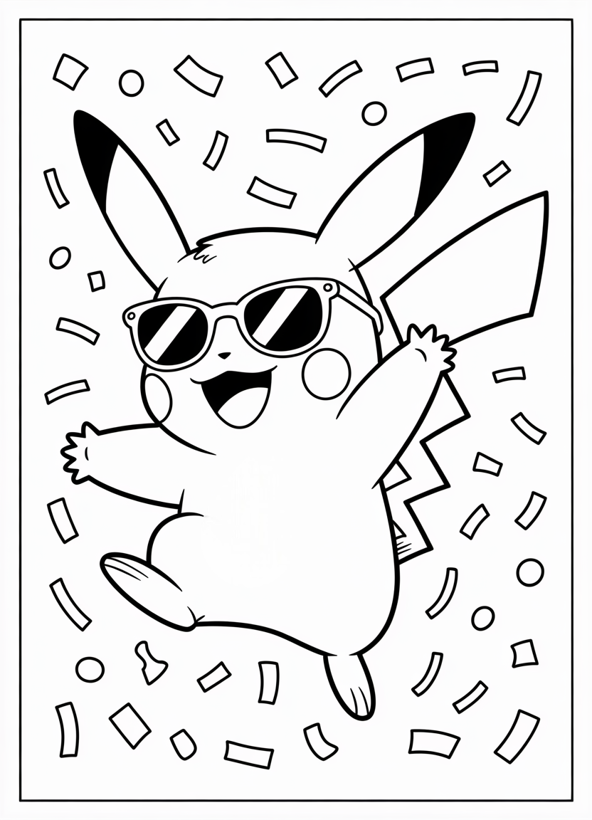 Pikachu jumping in celebration with confetti and sunglasses