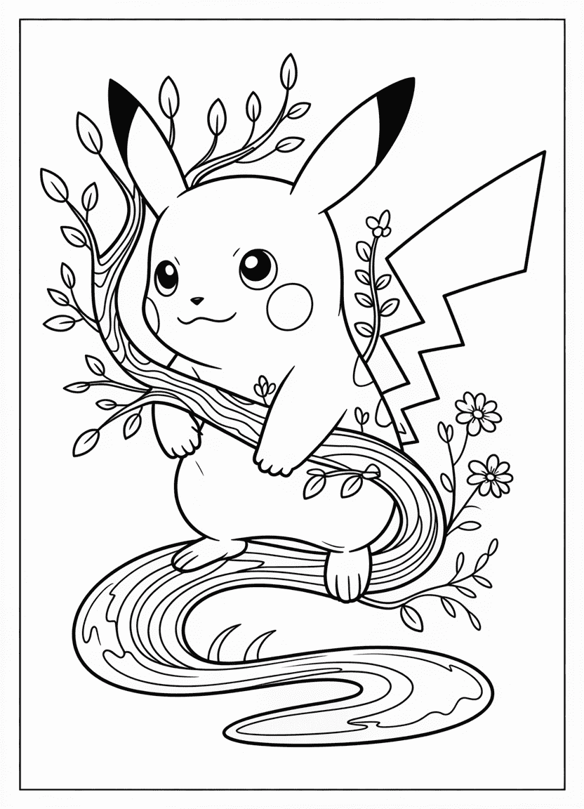 Pikachu morphing into natural elements like vines, waves, and flowers