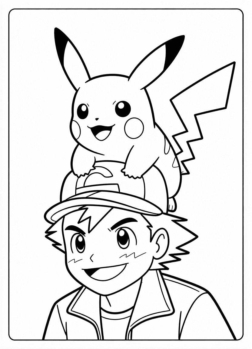 Pikachu on Ash's shoulder, both smiling and ready for adventure