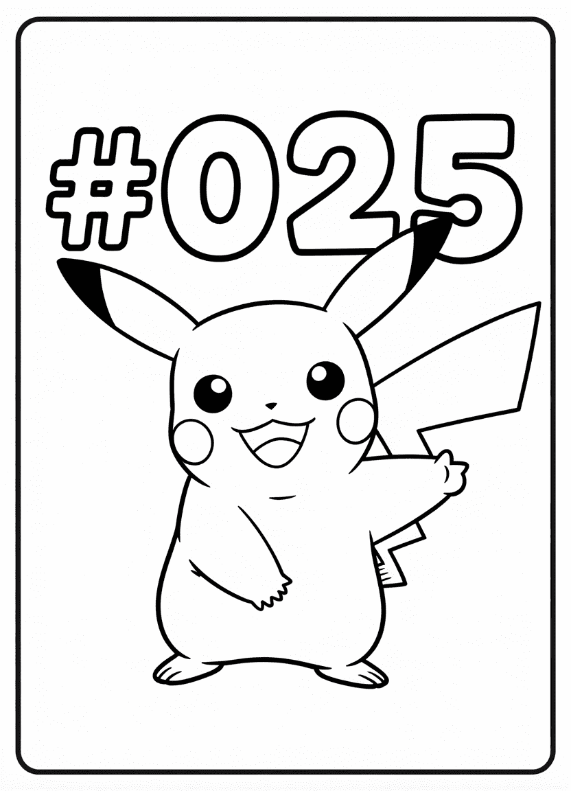 Pikachu posing with #025 in the background, showing off its Pokédex number