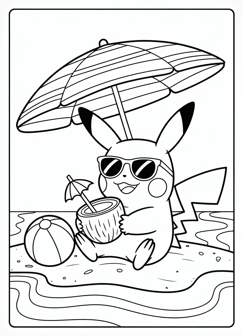 Pikachu relaxing at the beach with sunglasses and a coconut drink