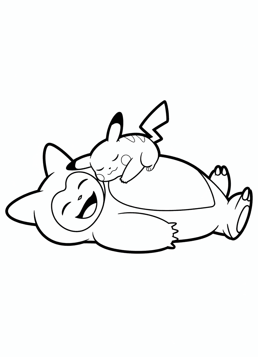 Pikachu sleeping on Snorlax’s belly in a peaceful scene.