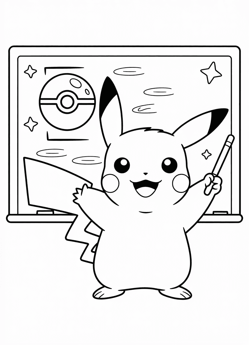 Pikachu teaching in front of a chalkboard