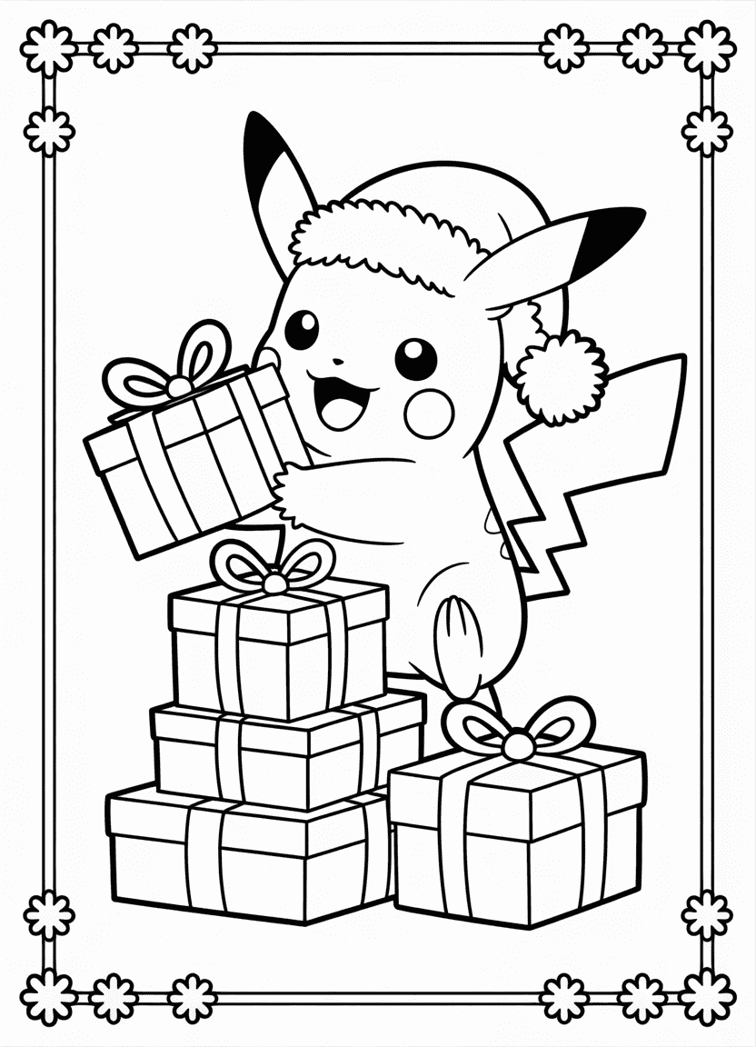 Pikachu wearing a Santa hat surrounded by presents and snowflakes