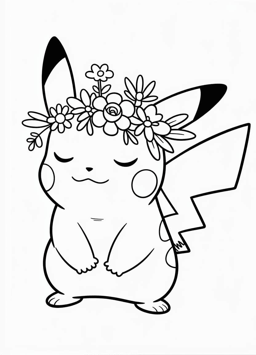 Pikachu wearing a flower crown, peaceful and smiling.
