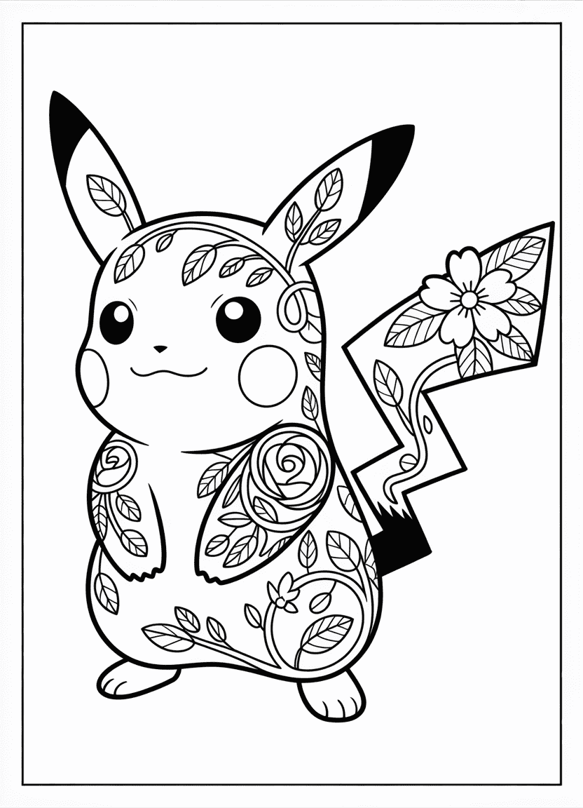 Pikachu with armor made of roses and botanical patterns