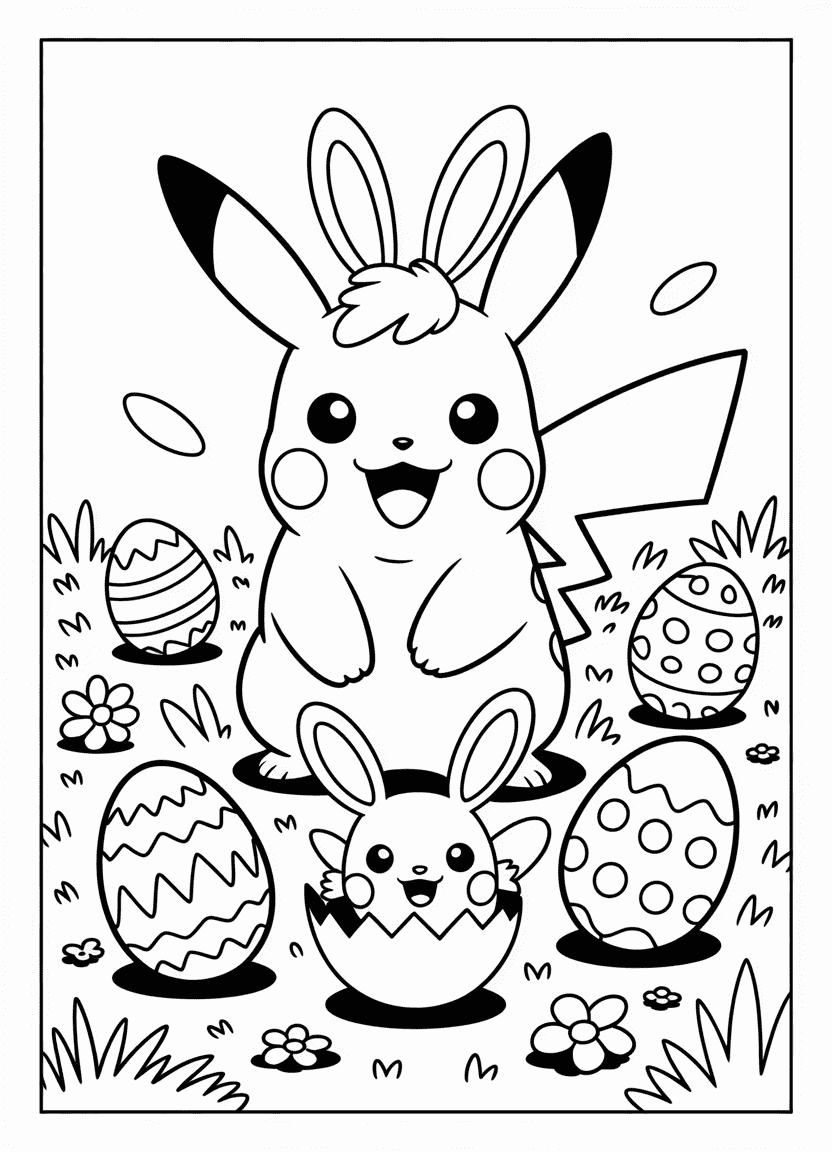 Pikachu with bunny ears and Easter eggs in a grassy field.