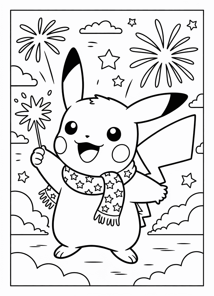 Pikachu with sparkler and scarf, celebrating Fourth of July