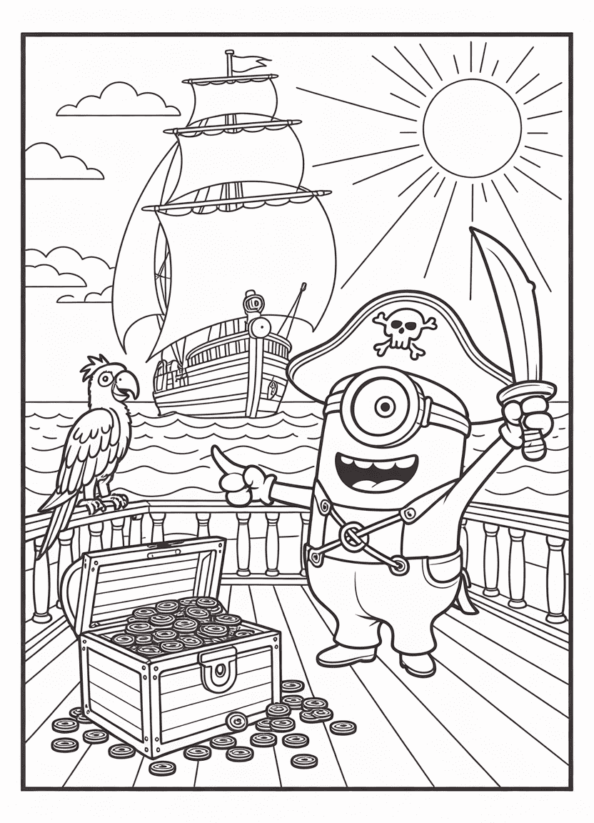 Pirate Minion on a ship deck with a treasure chest and banana sword