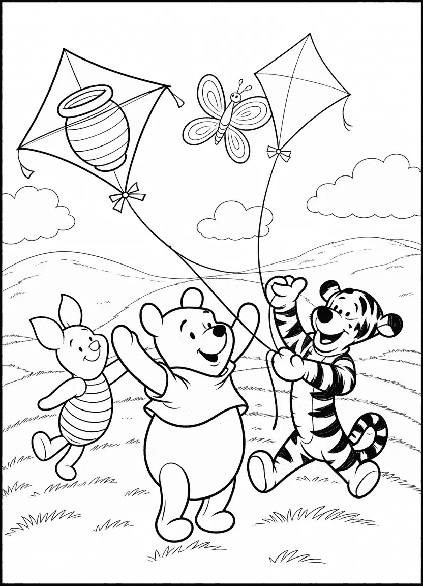 Pooh, Piglet, Tigger, and Roo flying kites in the Hundred Acre Wood