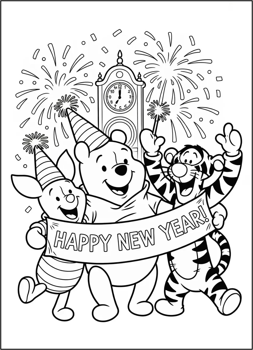 Pooh, Piglet, and Tigger celebrating New Year’s Eve with party hats and confetti