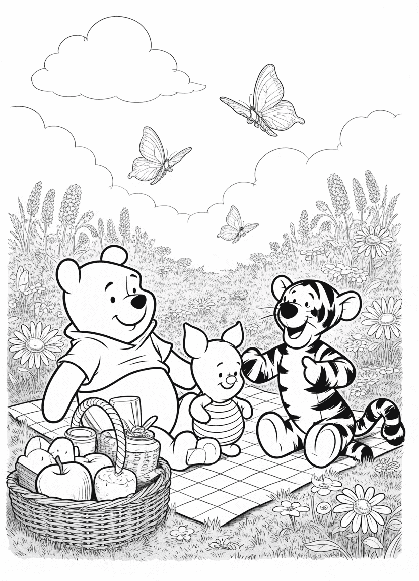 Pooh, Piglet, and Tigger relaxing in a sunny meadow with flowers and butterflies