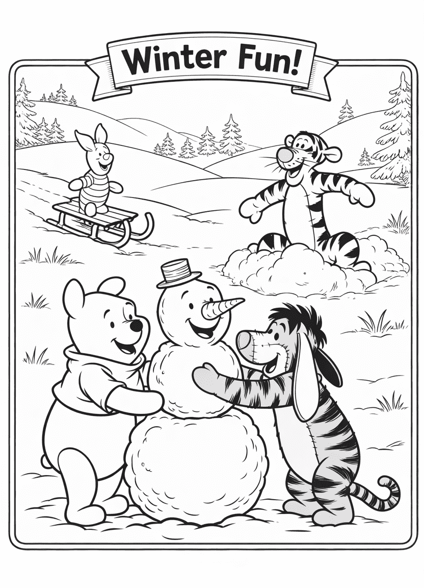 Pooh and Eeyore building a snowman while Piglet sleds and Tigger jumps in snow