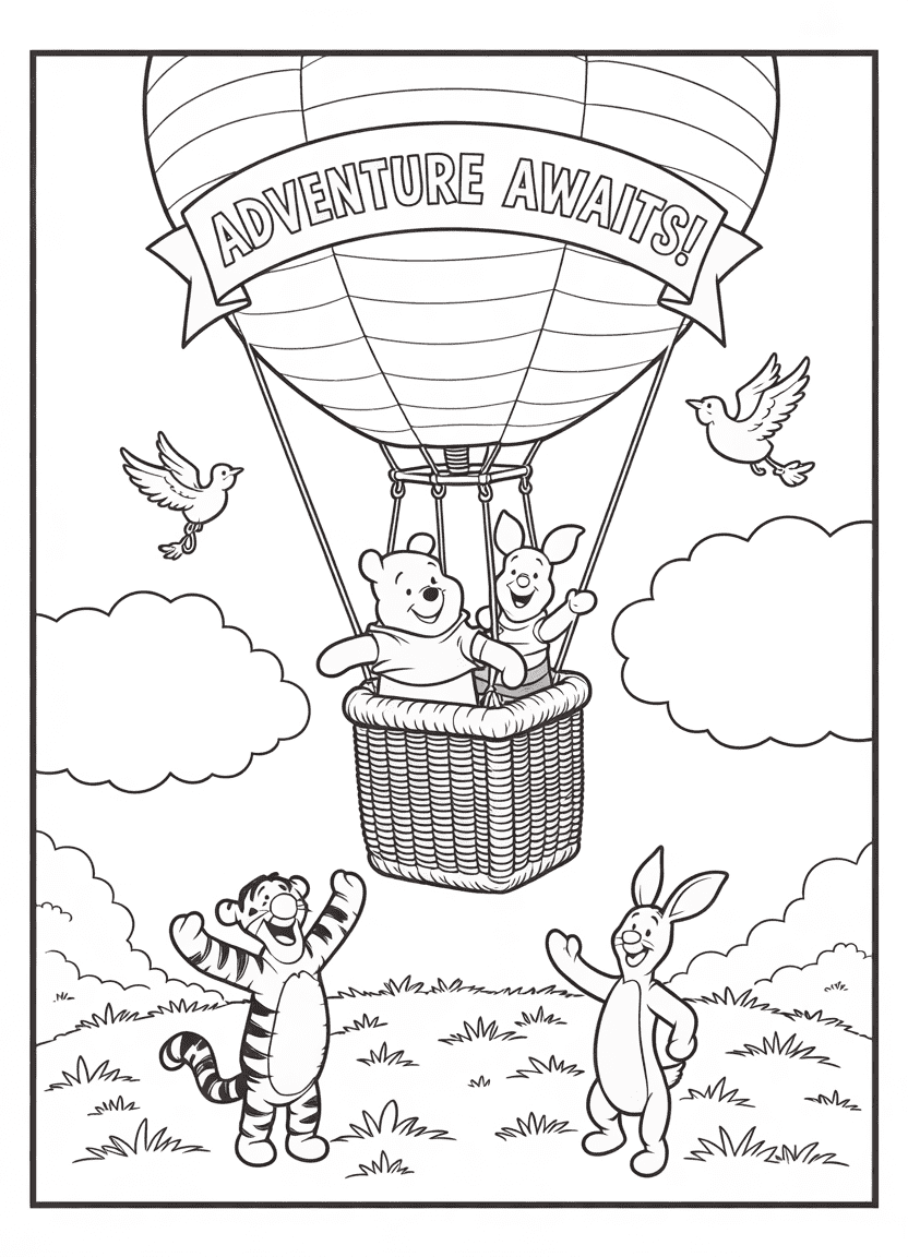 Pooh and Piglet flying in a hot air balloon over the forest and waving