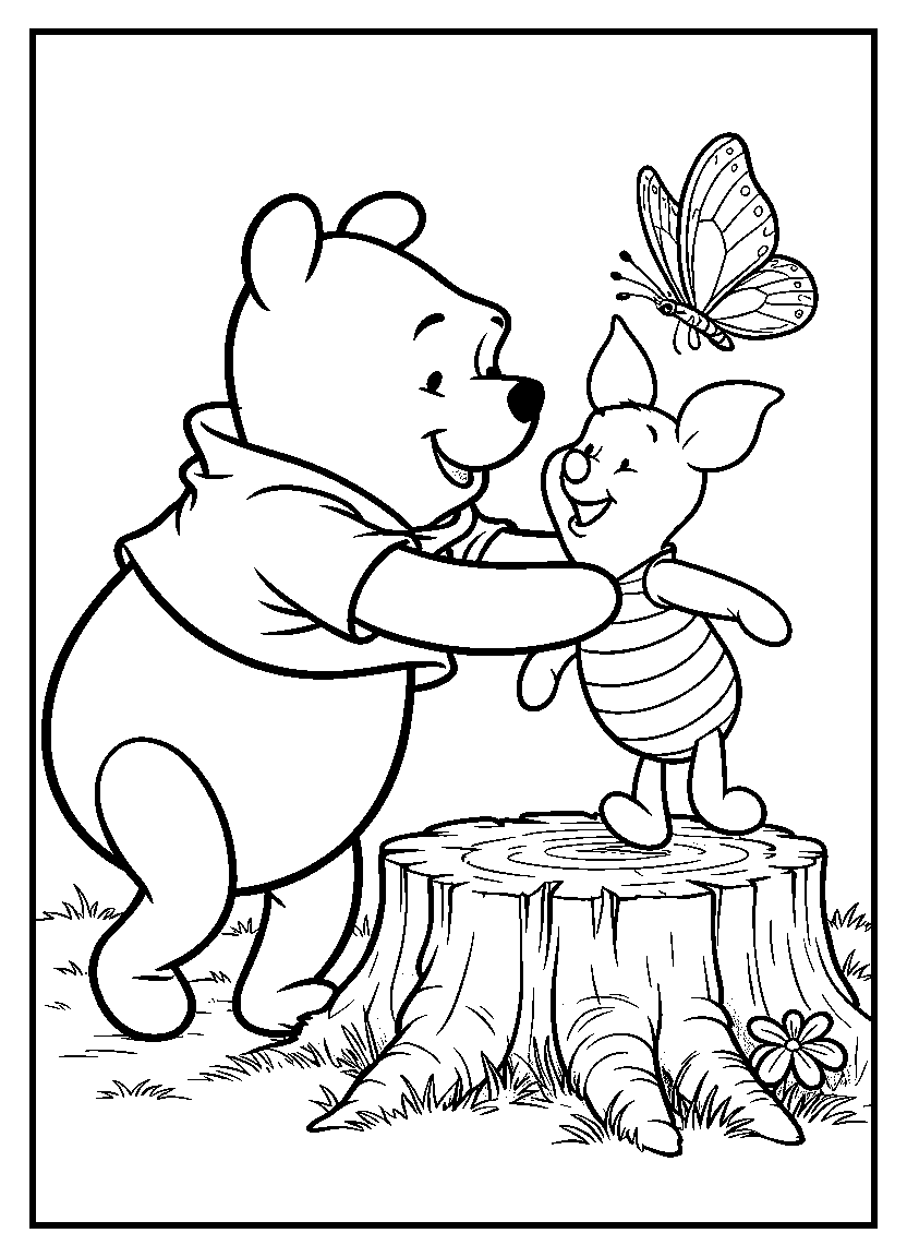 Pooh and Piglet playing tag near a tree stump with a butterfly nearby