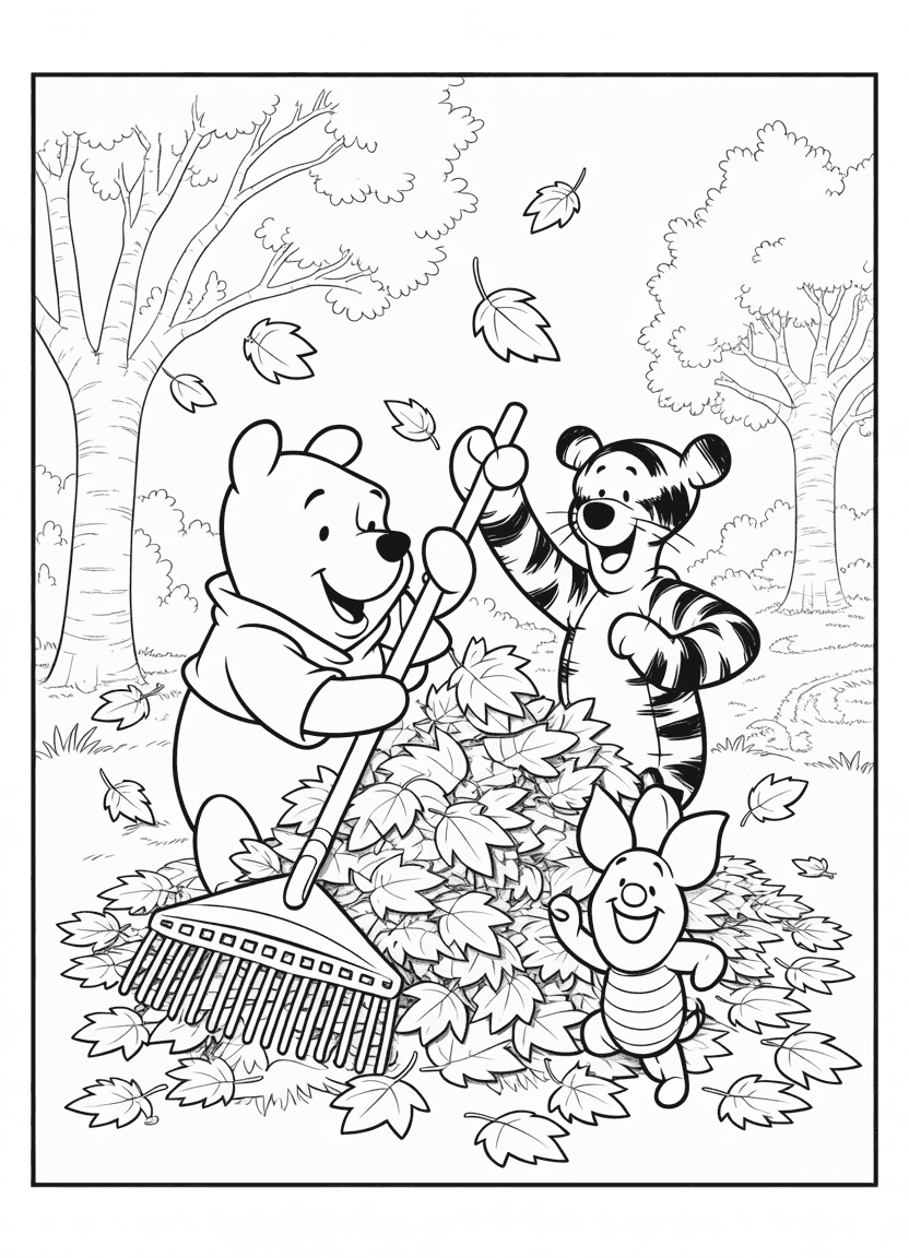 Pooh and Roo collecting autumn leaves while Piglet jumps into the pile