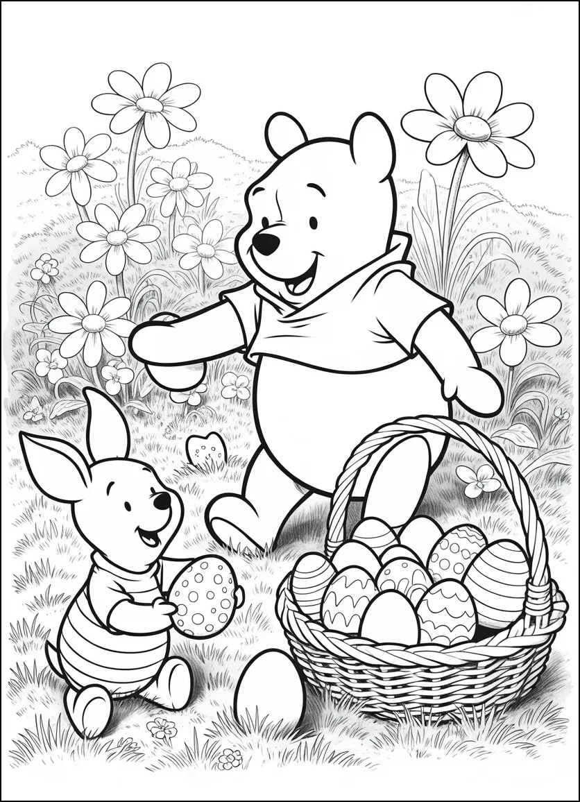 Pooh and Roo hunting for Easter eggs while Piglet paints one near a basket