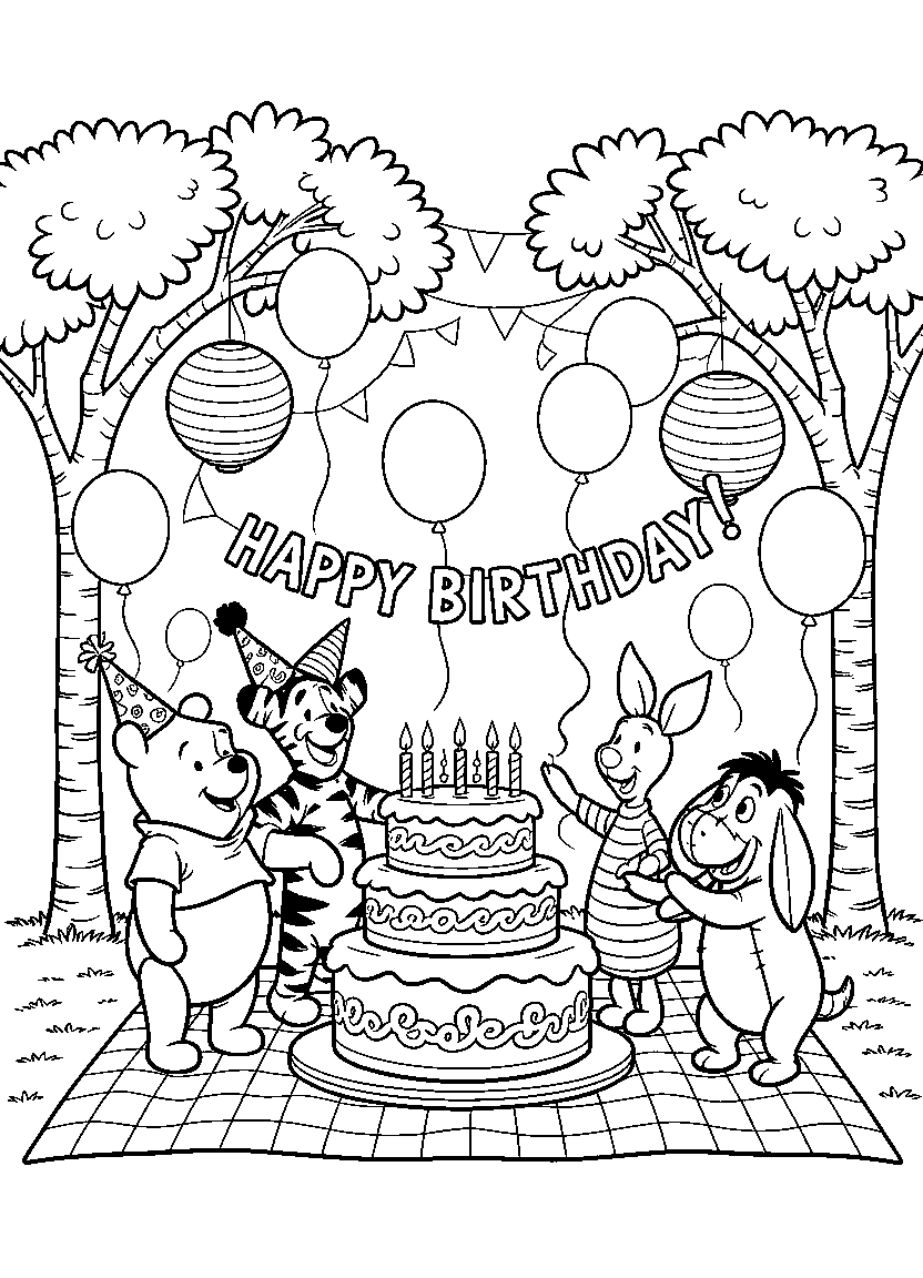 Pooh and friends celebrating with a picnic and decorations in the forest