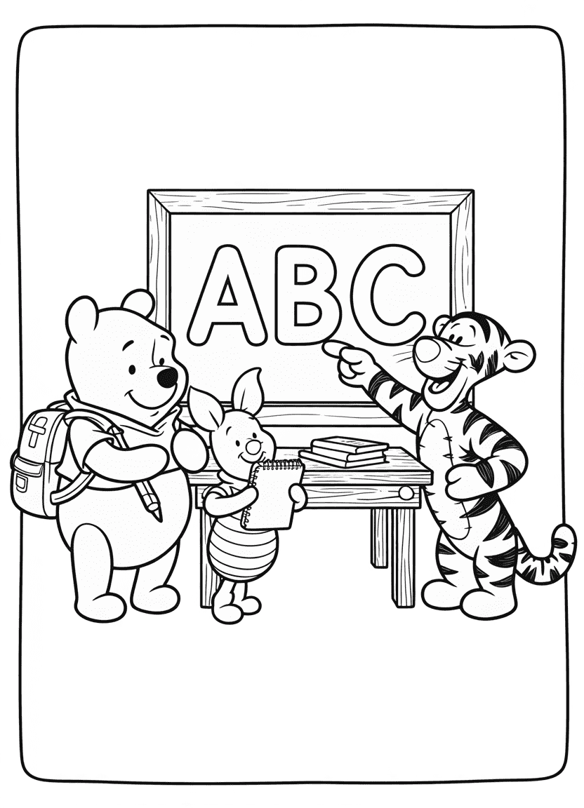 Pooh and friends in a classroom with school supplies and a chalkboard