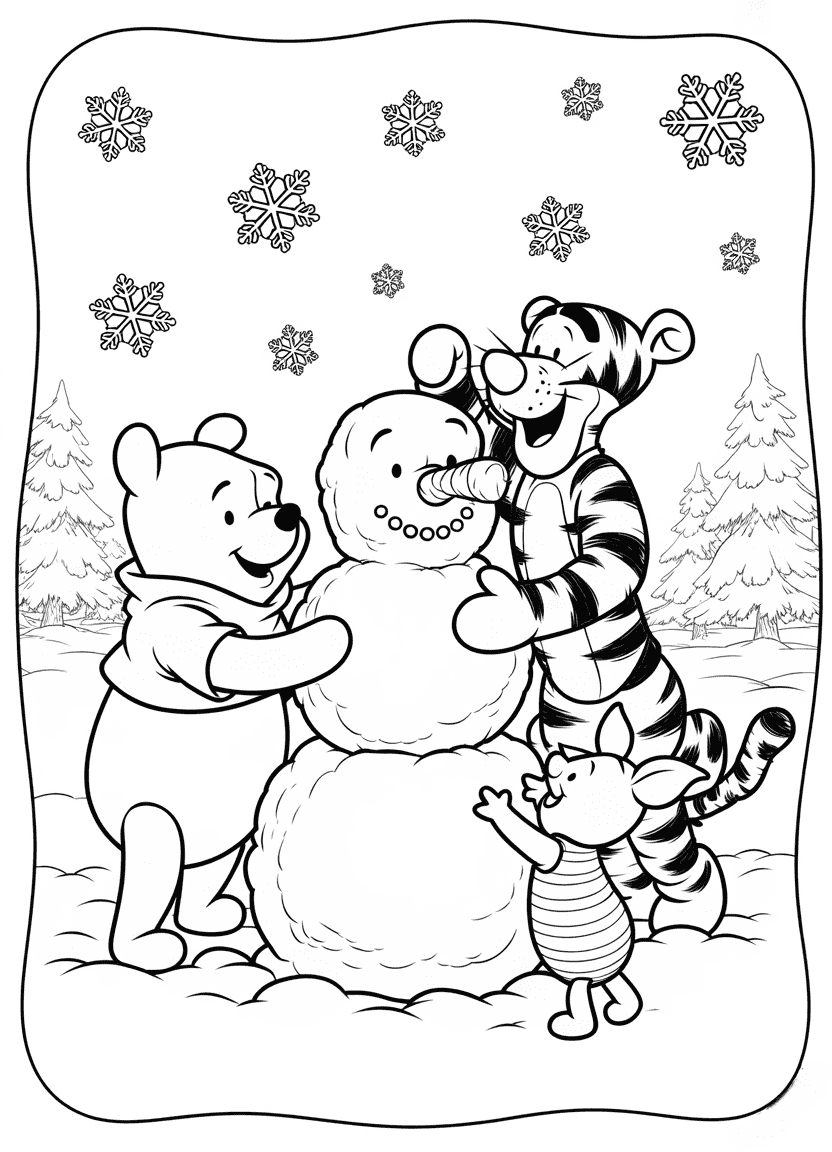 Pooh building a snowbear with Tigger and Piglet on a snowy day