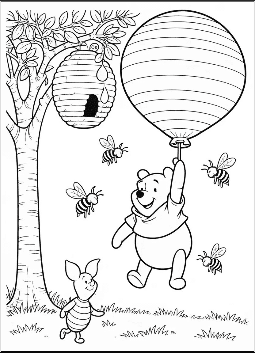 Pooh and friends celebrating with a picnic and decorations in the forest