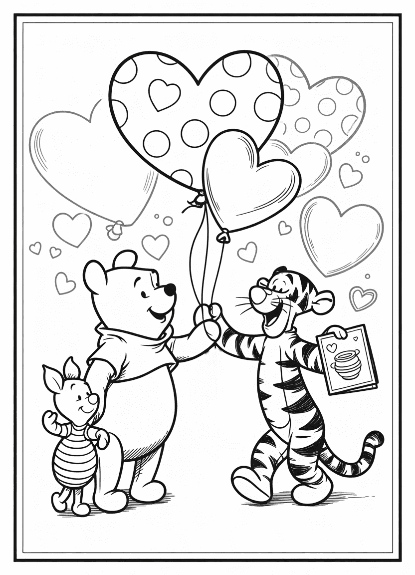 Pooh giving Piglet a heart balloon and Tigger handing out Valentine cards