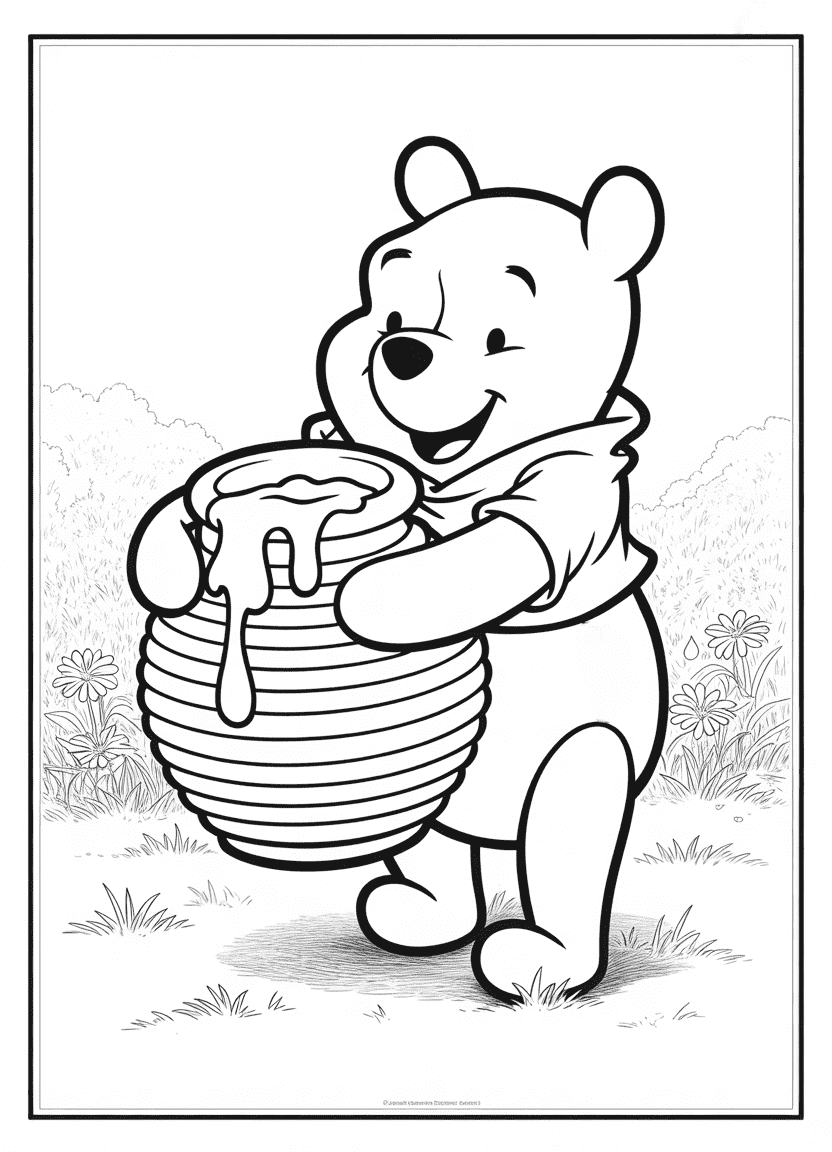 Pooh hugging a honey pot with honey dripping