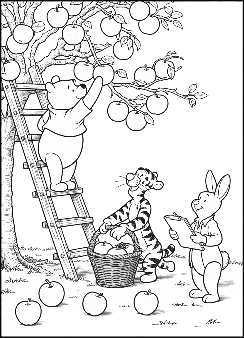 Pooh picking apples from a tree while Roo collects them in a basket