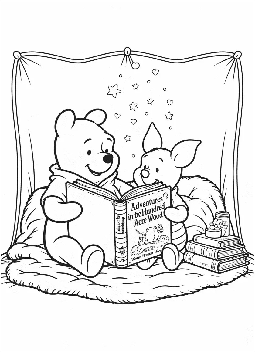 Pooh reading a book under a tree with Piglet and Roo listening