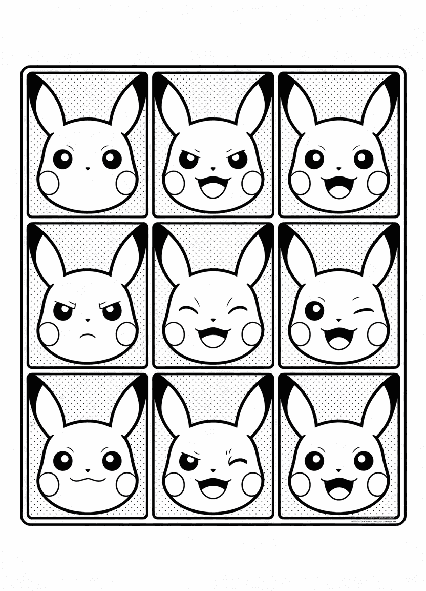 Pop art Pikachu with repeating grid of expressions and comic-style backgrounds