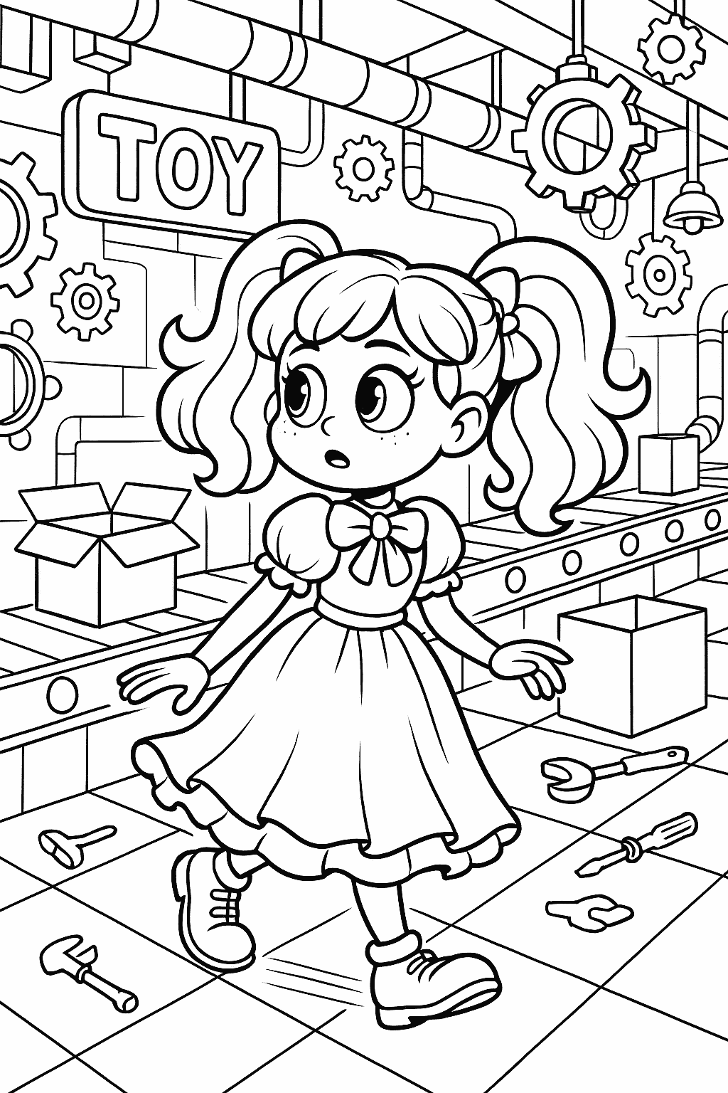 Poppy exploring the Playtime Co. factory coloring page