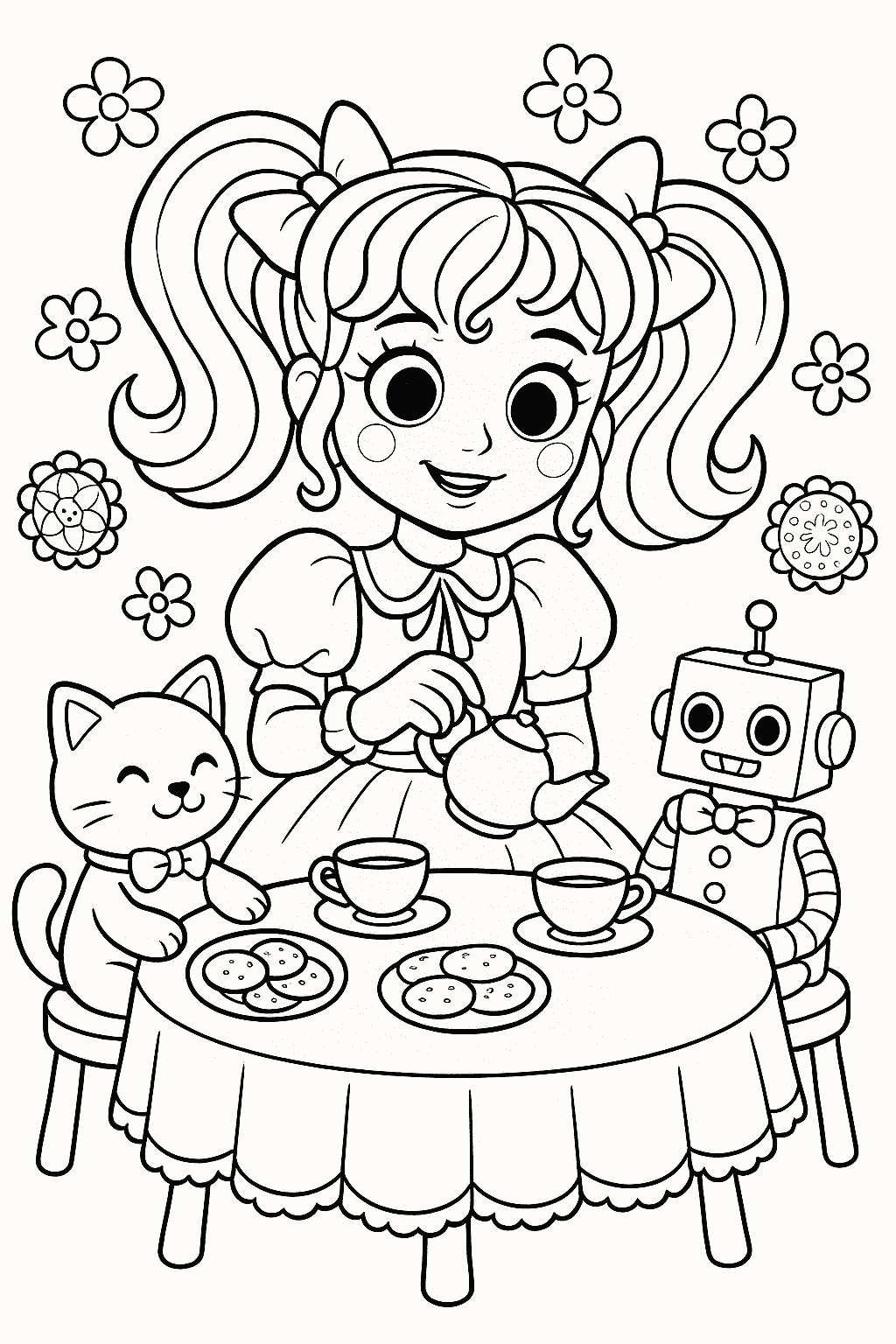 Poppy from Poppy Playtime having a tea party coloring page