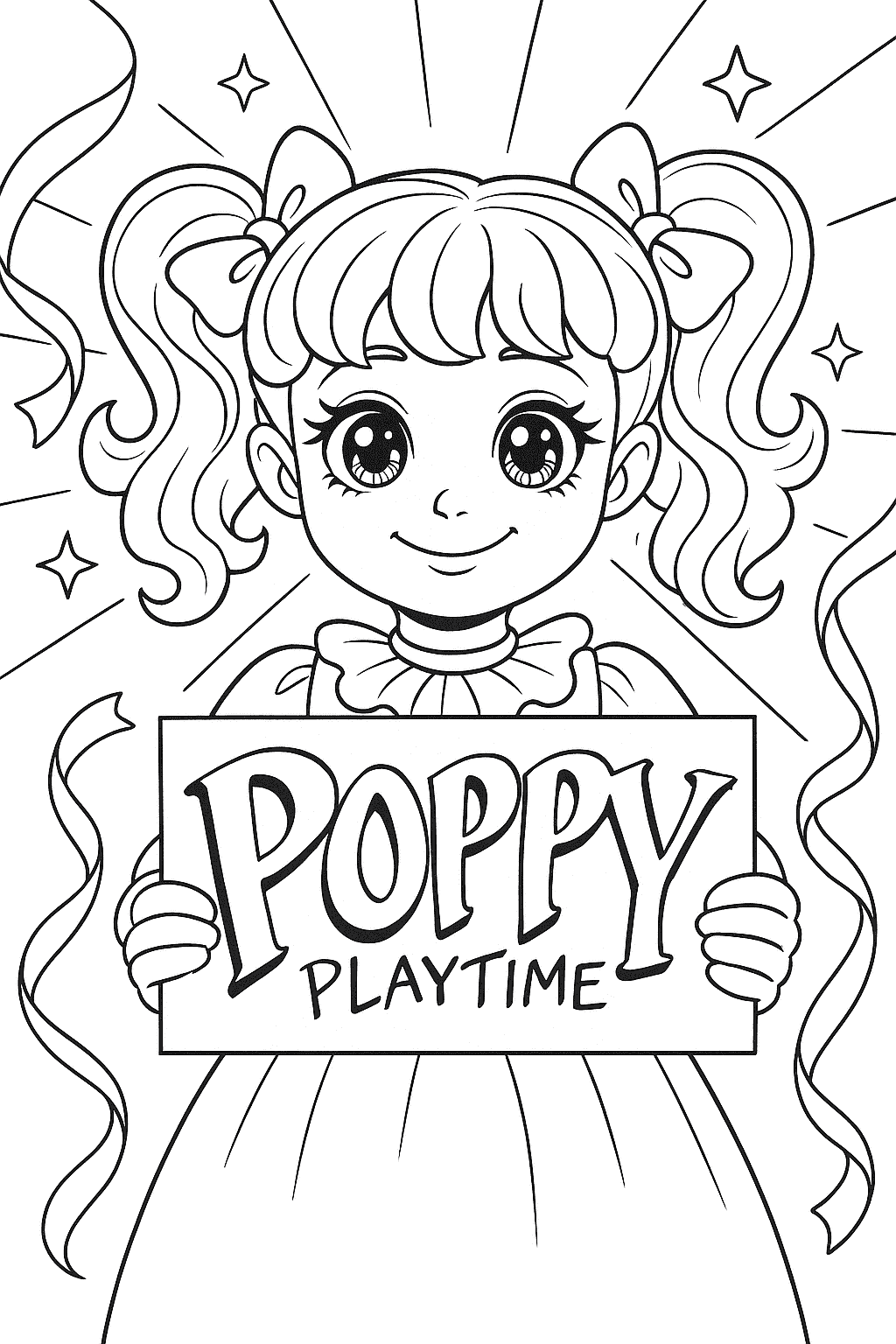 Poppy holding the Poppy Playtime sign coloring page
