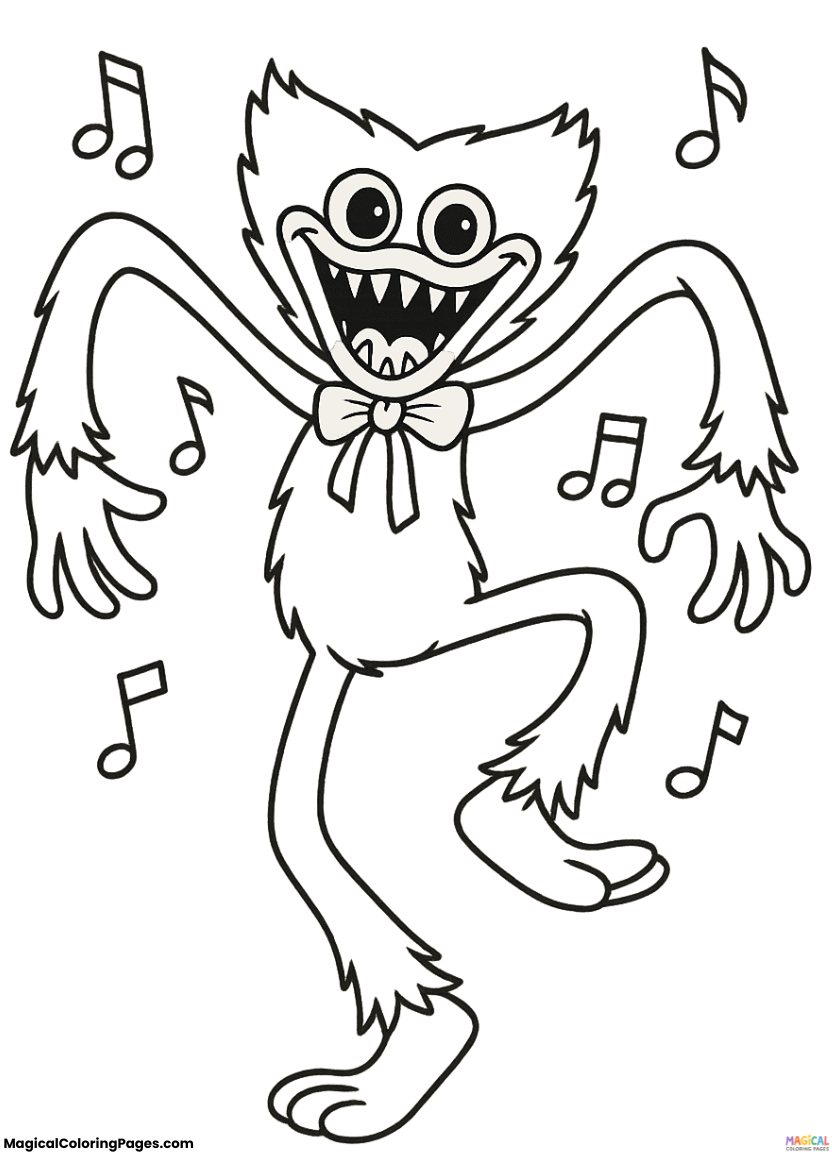 Printable Huggy Wuggy dancing with musical notes