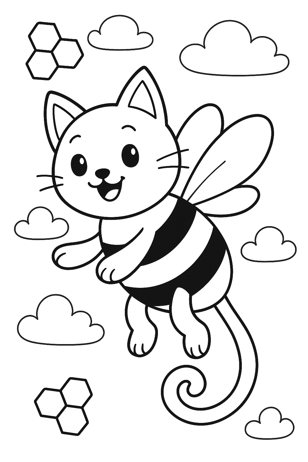 Printable coloring page of Cute Cat Bee flying