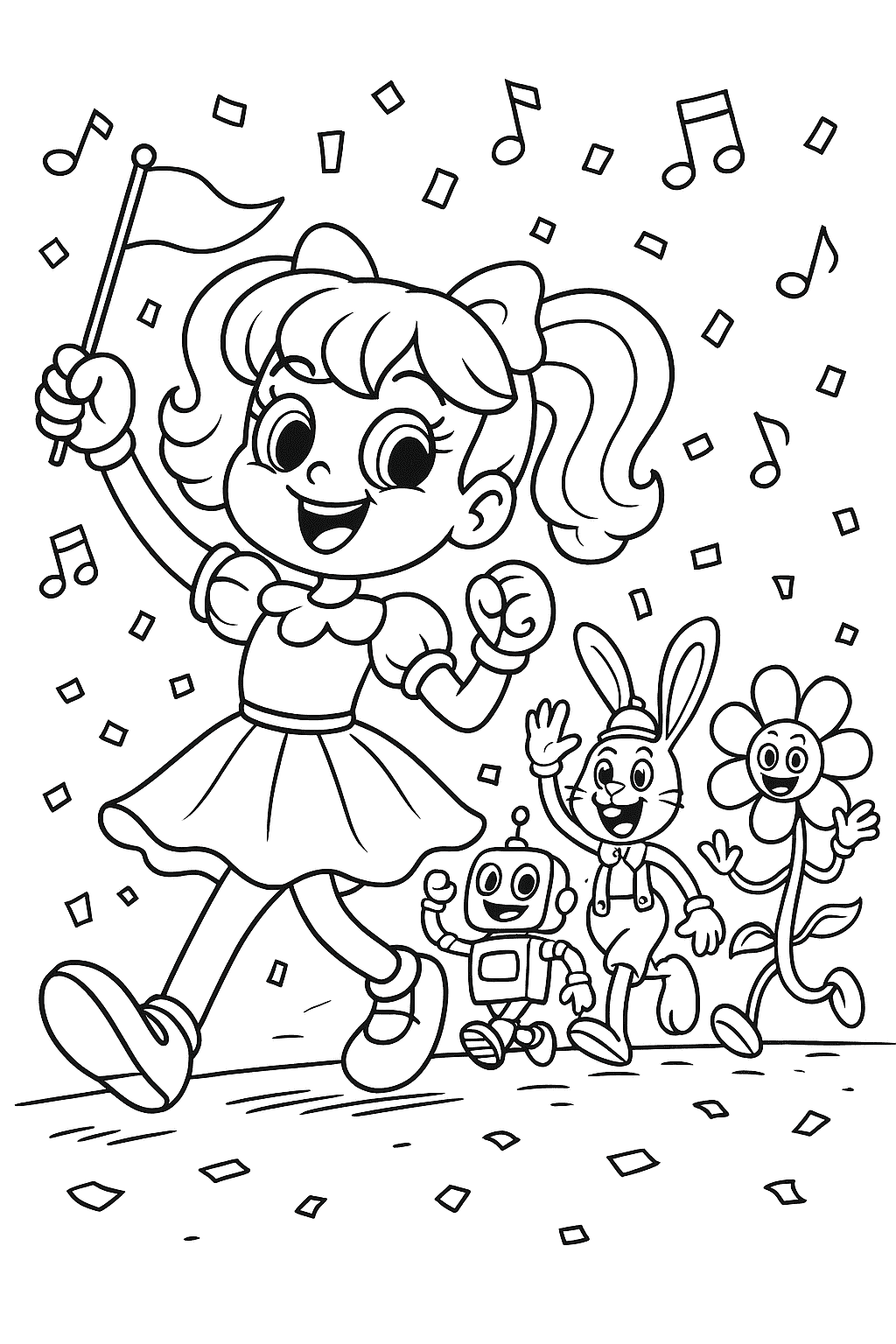 Printable coloring page of Poppy leading a toy parade