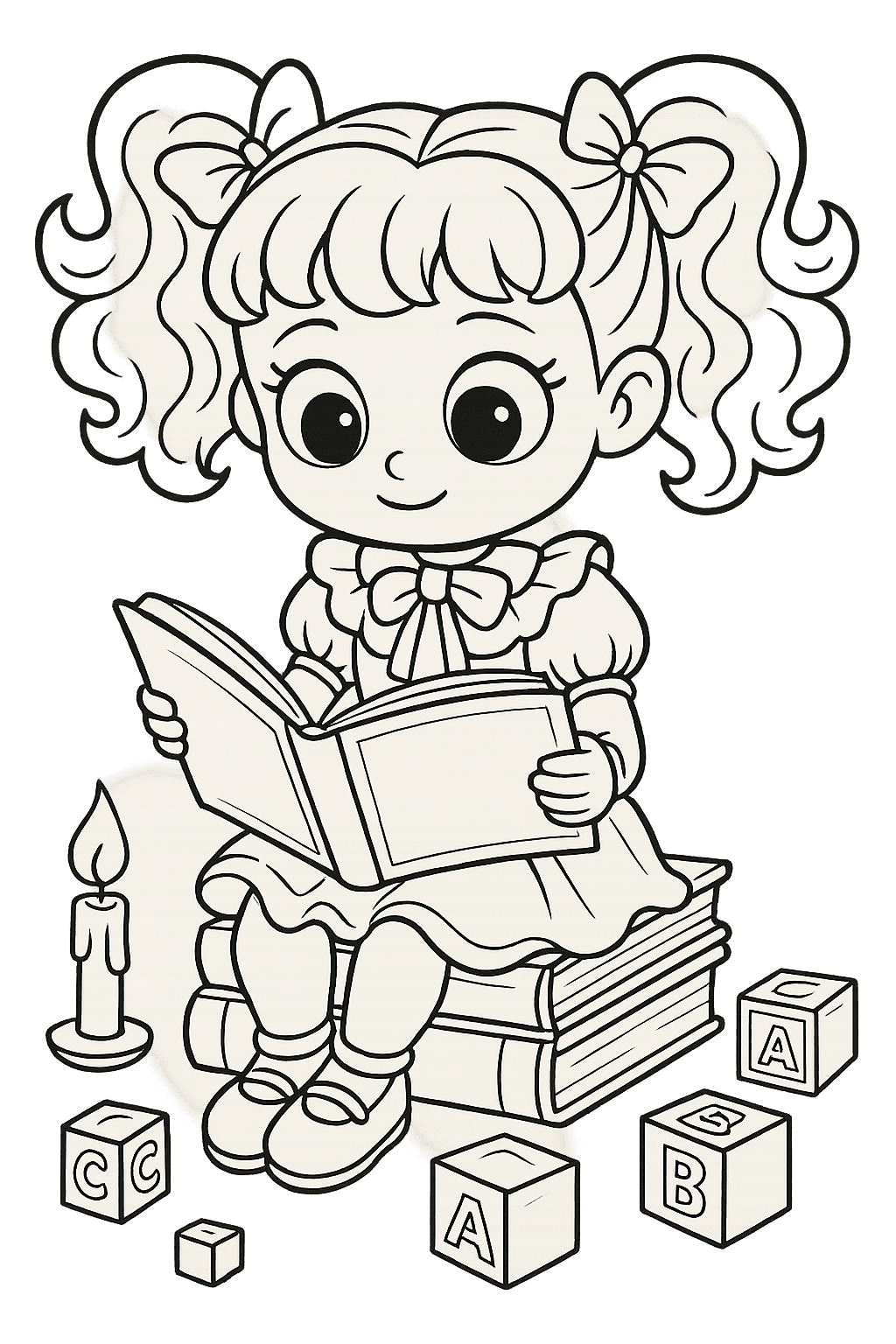 Printable coloring page of Poppy reading a book