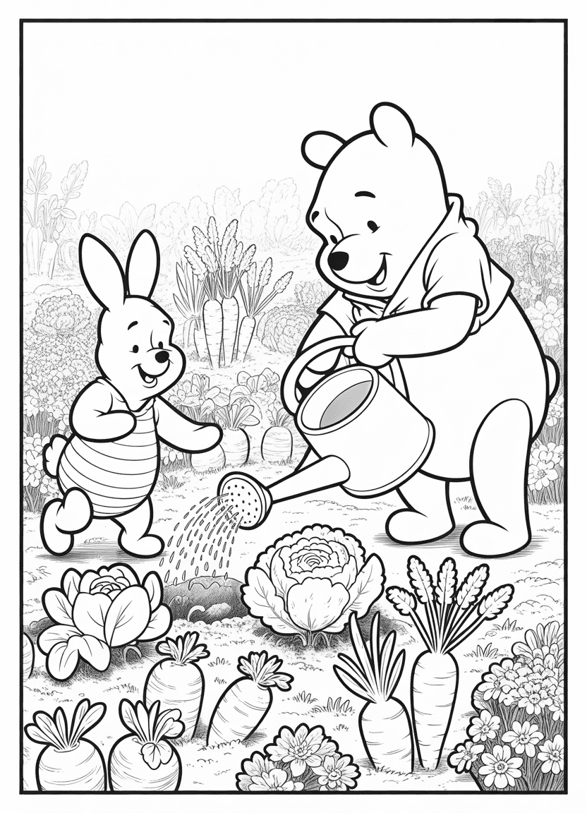 Rabbit gardening while Pooh waters the plants in the Hundred Acre Wood
