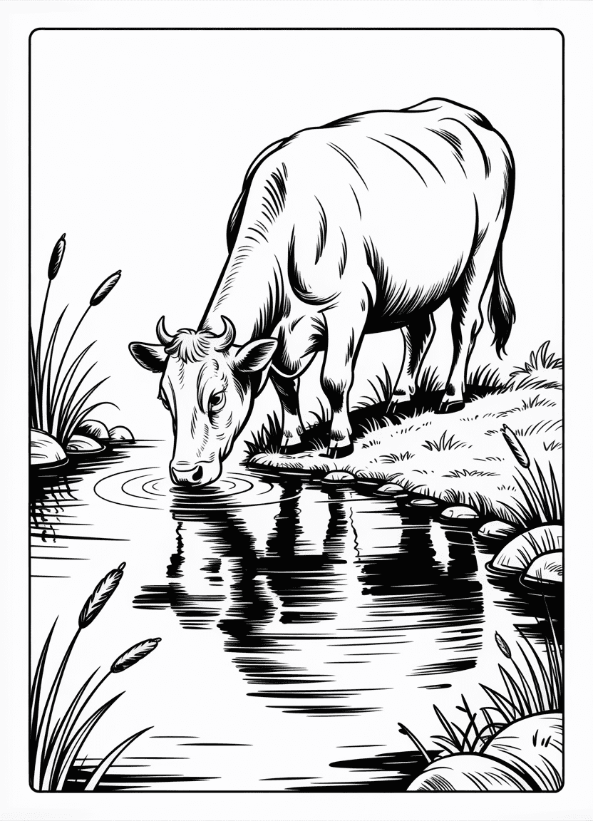 Realistic cow drinking from a quiet pond