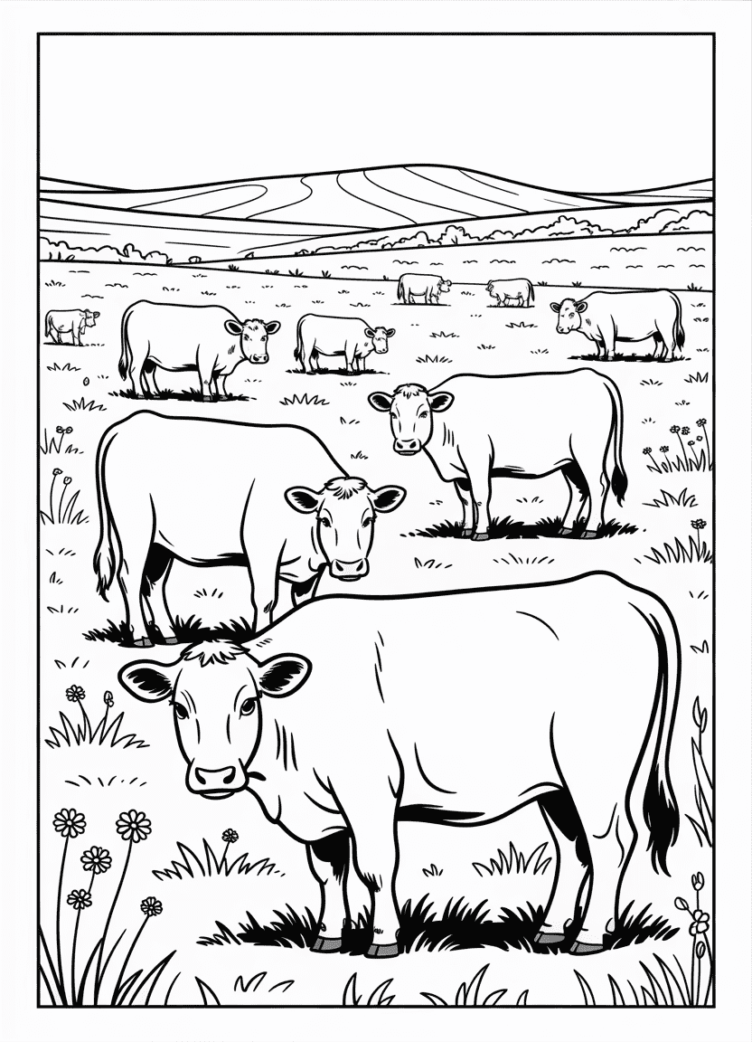 Realistic cows grazing in an open pasture