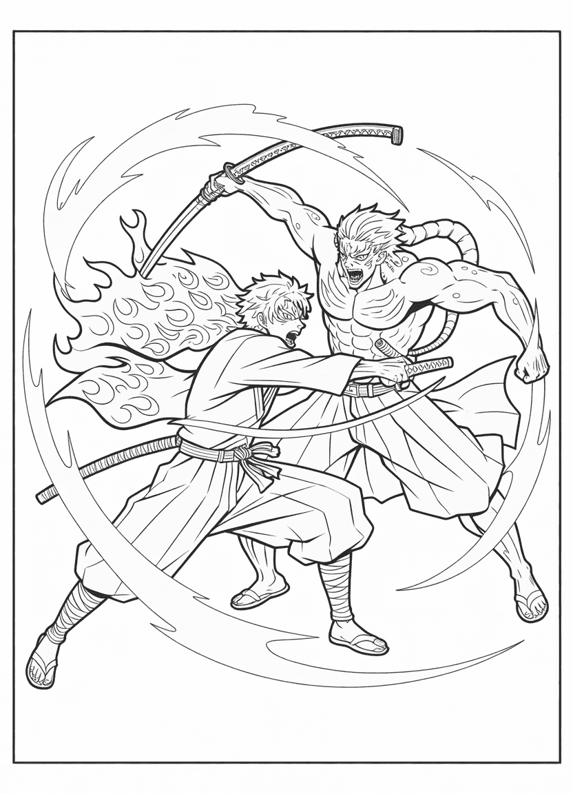 Rengoku and Akaza battle scene coloring page from Demon Slayer