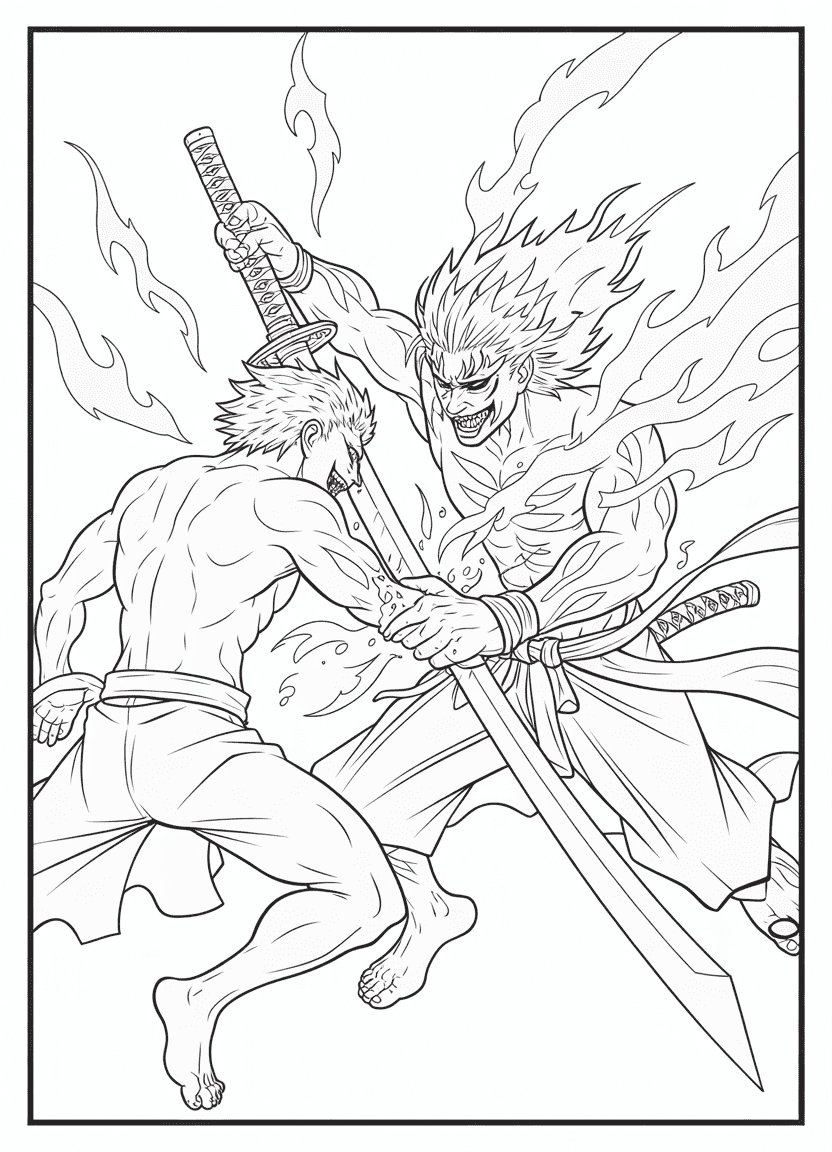 Rengoku and Akaza coloring page in battle stance with flame effects