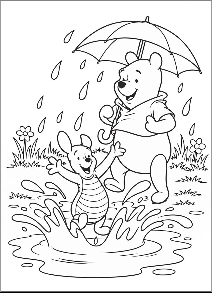 Roo jumping in puddles in rain boots while Pooh watches with an umbrella