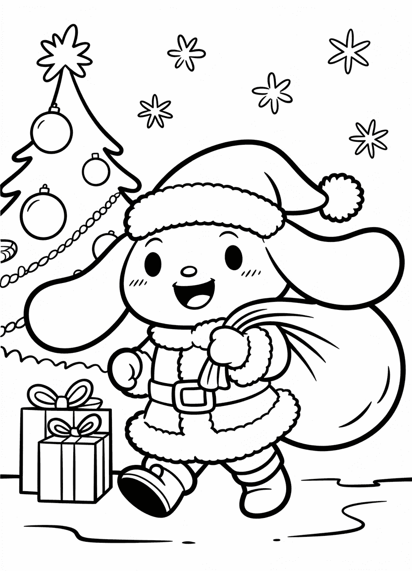 Santa Cinnamoroll carrying gifts next to a decorated Christmas tree.