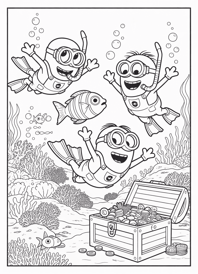 Scuba Minions underwater with fish, coral, and banana-shaped sea life