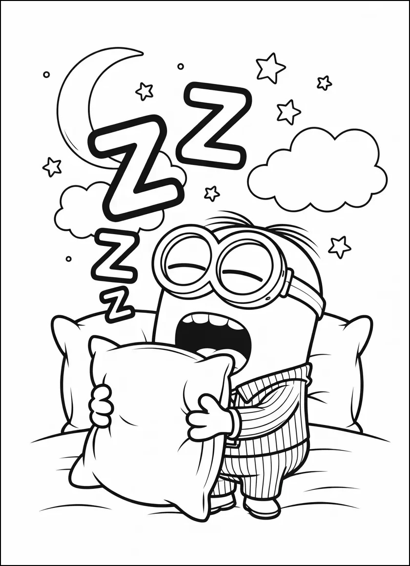 Sleepy Minion in pajamas yawning with pillow and stars