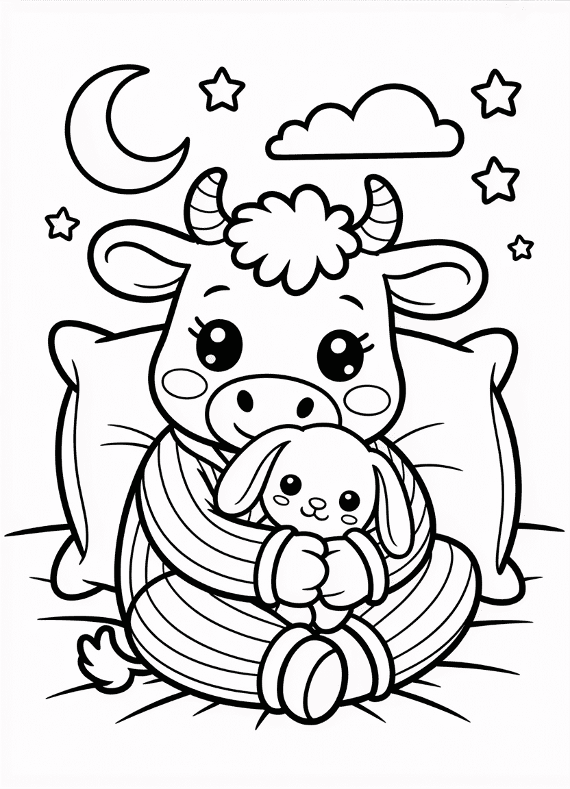 Sleepy cow in pajamas hugging plush bunny