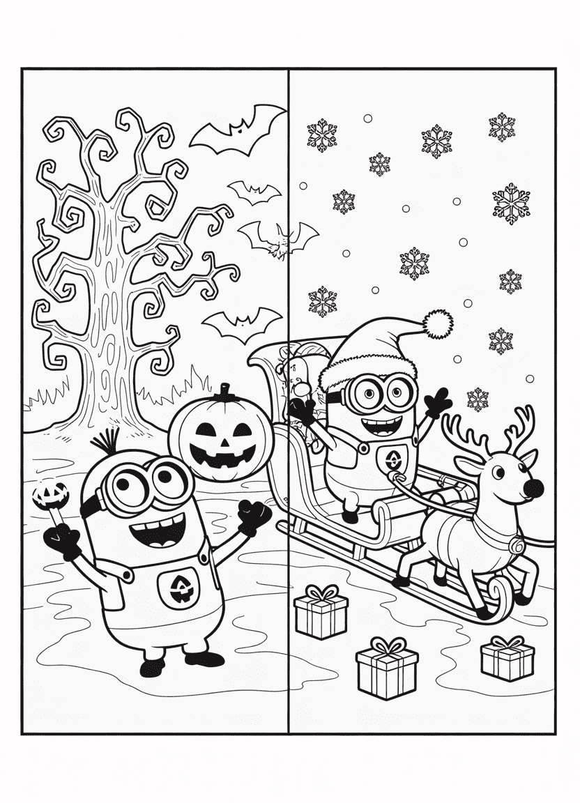 Split holiday Minion coloring sheet with spooky and Santa themes