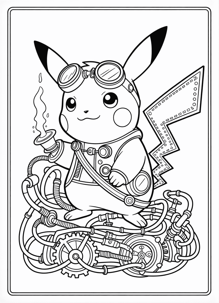 Steampunk Pikachu with gears, goggles, and mechanical tail