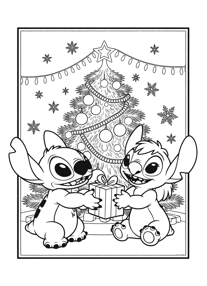 Stitch and Angel exchanging Christmas gifts by a tree